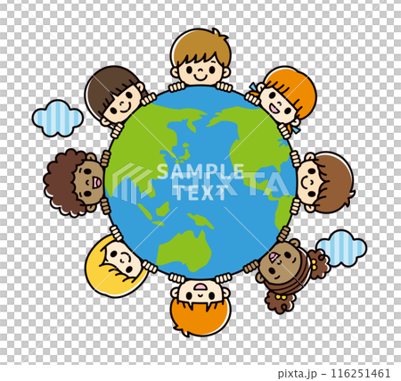 主線なしの青と緑の地球から顔を出す様々な人種のかわいい子供たちのイラスト 116251461