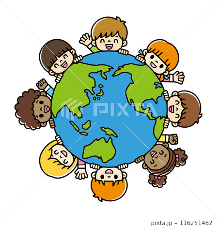 青と緑の線画の地球から笑顔で挨拶する様々な人種のかわいい子供たちのイラスト 116251462
