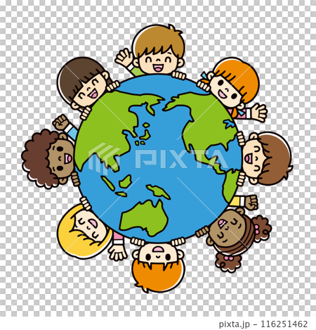 青と緑の線画の地球から笑顔で挨拶する様々な人種のかわいい子供たちのイラスト 116251462