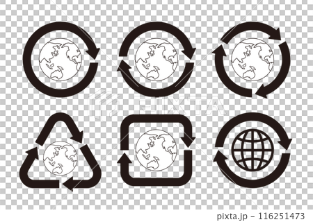 一組以畫線地球為中心的各種形狀的黑白回收標記箭頭圖標 一組以畫線地球為中心的各種形狀的黑白回收標記箭頭圖標 116251473