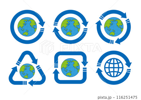 青い線画の地球を中心としたさまざまな形の青い矢印のリサイクルマークのアイコンセット 青い線画の地球を中心としたさまざまな形の青い矢印のリサイクルマークのアイコンセット 116251475