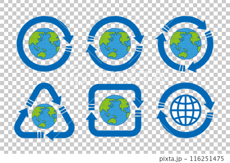 青い線画の地球を中心としたさまざまな形の青い矢印のリサイクルマークのアイコンセット 青い線画の地球を中心としたさまざまな形の青い矢印のリサイクルマークのアイコンセット 116251475