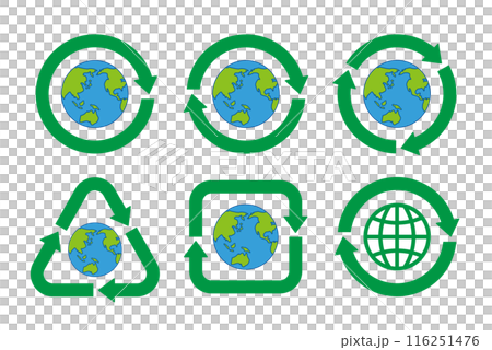 A set of icons of recycling symbols with green arrows of various shapes centered on a blue line drawing globe 116251476