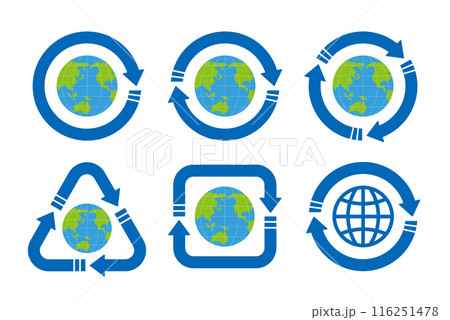 緯線経線が入った地球を中心としたさまざまな形の青い矢印のリサイクルマークのアイコンセット 緯線経線が入った地球を中心としたさまざまな形の青い矢印のリサイクルマークのアイコンセット 116251478