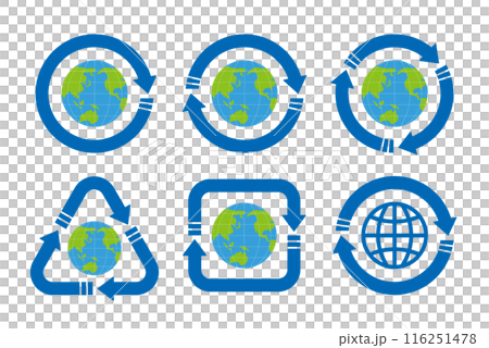 緯線経線が入った地球を中心としたさまざまな形の青い矢印のリサイクルマークのアイコンセット 緯線経線が入った地球を中心としたさまざまな形の青い矢印のリサイクルマークのアイコンセット 116251478