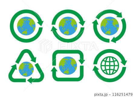 青い地球を中心としたさまざまな形の緑の矢印のリサイクルマークのアイコンセット 青い地球を中心としたさまざまな形の緑の矢印のリサイクルマークのアイコンセット 116251479