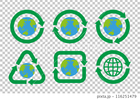青い地球を中心としたさまざまな形の緑の矢印のリサイクルマークのアイコンセット 青い地球を中心としたさまざまな形の緑の矢印のリサイクルマークのアイコンセット 116251479