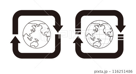 線画の白黒の地球を矢印で四角に囲った環境問題のイラストセット 116251486