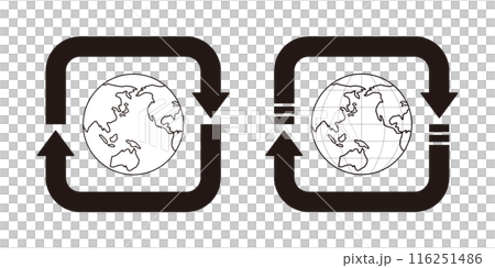 線画の白黒の地球を矢印で四角に囲った環境問題のイラストセット 116251486