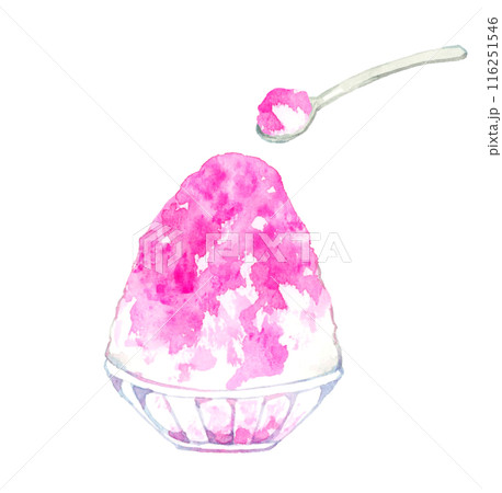 かき氷（いちごシロップ）　料理・食べ物の手描き水彩イラスト素材 116251546