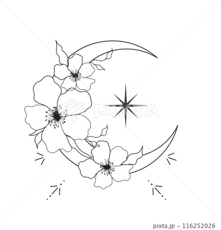 Elegant thin line moon flower contour tattoo, floral spiritual mystic element, Esoteric boho magic illustration, Line, leaves and dors decoration 116252026
