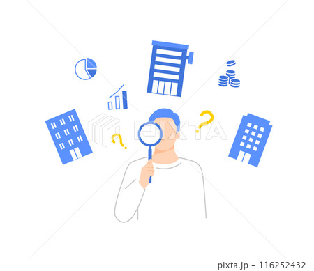 企業の分析や研究をする就職活動中の男性のイメージイラスト 企業の分析や研究をする就職活動中の男性のイメージイラスト 116252432