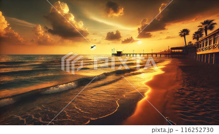 黄金色に輝く夕暮れのビーチ 黄金色に輝く夕暮れのビーチ 116252730