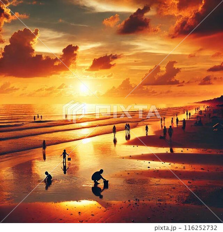 鮮やかな夕焼けのビーチ 鮮やかな夕焼けのビーチ 116252732