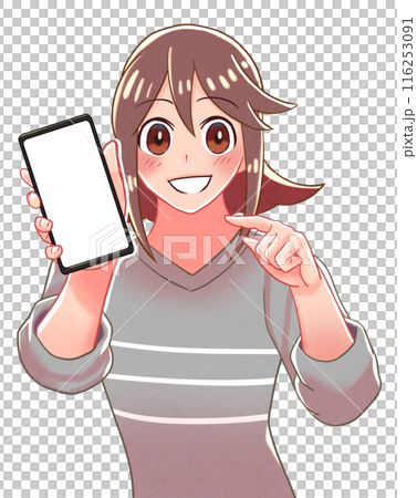 Illustration of a girl pointing at her smartphone 116253091
