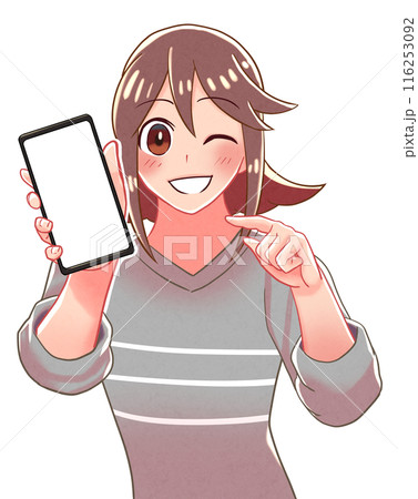 スマホを指さして見せる女の子のイラスト 116253092