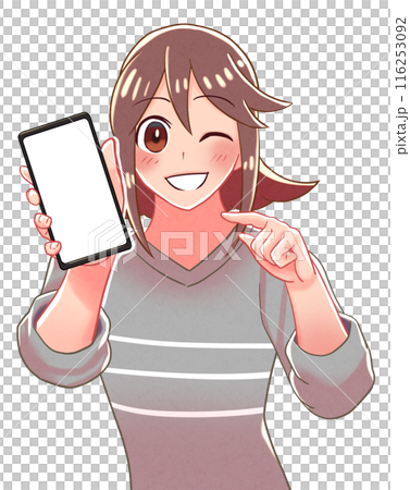 スマホを指さして見せる女の子のイラスト 116253092