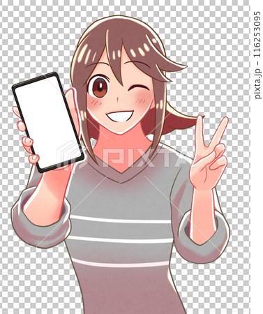 Illustration of a girl making a peace sign while holding a smartphone 116253095