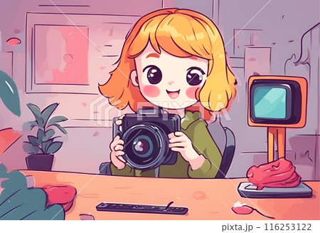 Little girl enjoying a camera.Cartoon Abstract art.AI Generated 116253122