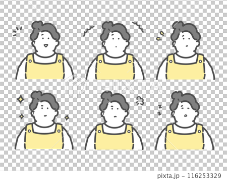 Set of illustrations of a woman wearing an apron with various facial expressions 116253329