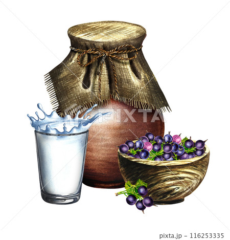 Black currant and milk. Currant yogurt. Still life in a rustic style with a jug, a wooden bowl and a glass. Handmade watercolor illustration. Isolate her. For packages and labels. For banner, stickers Black currant and milk. Currant yogurt. Still life in a rustic style with a jug, a wooden bowl and a glass. Handmade watercolor illustration. Isolate her. For packages and labels. For banner, stickers 116253335