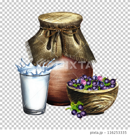 Black currant and milk. Currant yogurt. Still life in a rustic style with a jug, a wooden bowl and a glass. Handmade watercolor illustration. Isolate her. For packages and labels. For banner, stickers 116253335