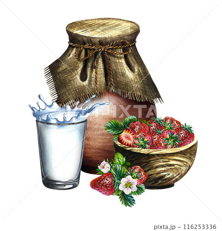 Strawberries and milk. Strawberry yogurt. Still life in a rustic style with a jug, a wooden bowl and a glass. Handmade watercolor illustration. Isolate her. For packages, labels. For banners, stickers Strawberries and milk. Strawberry yogurt. Still life in a rustic style with a jug, a wooden bowl and a glass. Handmade watercolor illustration. Isolate her. For packages, labels. For banners, stickers 116253336