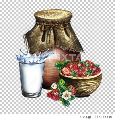 Strawberries and milk. Strawberry yogurt. Still life in a rustic style with a jug, a wooden bowl and a glass. Handmade watercolor illustration. Isolate her. For packages, labels. For banners, stickers Strawberries and milk. Strawberry yogurt. Still life in a rustic style with a jug, a wooden bowl and a glass. Handmade watercolor illustration. Isolate her. For packages, labels. For banners, stickers 116253336