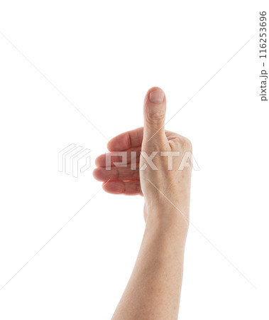 Empty mid aged woman hand to hold something with fingers isolated on white 116253696