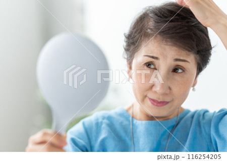 ウィッグを付ける女性 ヘアケア ウィッグを付ける女性 ヘアケア 116254205