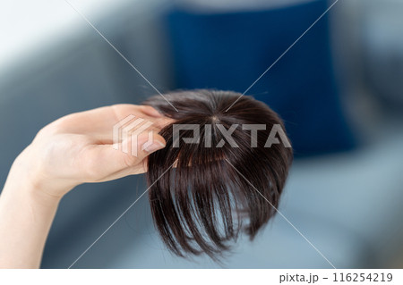 ウィッグを付ける女性　ヘアケア　手元 116254219