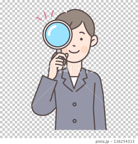 Upper body illustration of a woman in a suit holding a magnifying glass Upper body illustration of a woman in a suit holding a magnifying glass 116254313
