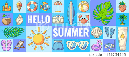 Geometric modern horizontal banner with summer beach colorful icons. Hello summer. Minimal abstract layout for poster, flyer, cover, brochure, party. Vector background, summertime fun concept Geometric modern horizontal banner with summer beach colorful icons. Hello summer. Minimal abstract layout for poster, flyer, cover, brochure, party. Vector background, summertime fun concept 116254446
