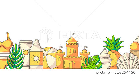 Summer colorful horizontal banner, beach accessories elements. Bottom border frame, copy space. Summertime, holiday and vacation. For poster, flyer, card, invitation, social media, postcard 116254450