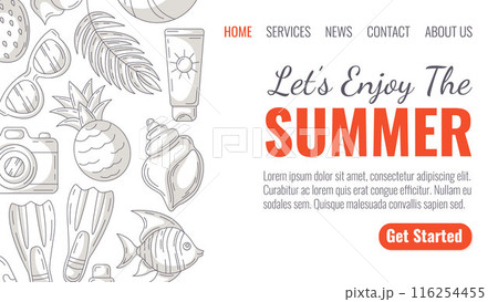 Summer beach elements and accessories, monochrome minimalist style. Sunglasses, pineapple, camera, flippers, seashell and sunscreen, fish. Landing page vector template for website, web, online, banner Summer beach elements and accessories, monochrome minimalist style. Sunglasses, pineapple, camera, flippers, seashell and sunscreen, fish. Landing page vector template for website, web, online, banner 116254455