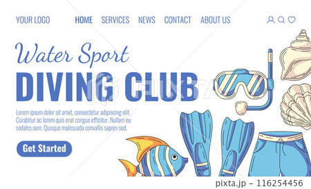 Water sport, scuba diving club. Flippers, exotic fish, diving mask, swimming trunks, seashell. Landing page vector template for website, web, online, banner, travel and tour agency, tourism, excursion Water sport, scuba diving club. Flippers, exotic fish, diving mask, swimming trunks, seashell. Landing page vector template for website, web, online, banner, travel and tour agency, tourism, excursion 116254456