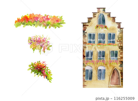 Old European city town street houses, urban exterior facades with floral balcony. Historical cityscape building. Watercolor hand drawn illustration. For tourist shops, souvenirs, travel brochures. 116255009
