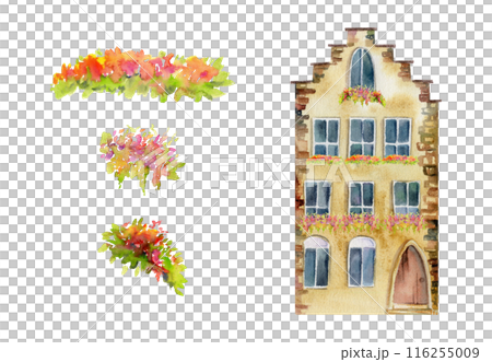 Old European city town street houses, urban exterior facades with floral balcony. Historical cityscape building. Watercolor hand drawn illustration. For tourist shops, souvenirs, travel brochures. 116255009