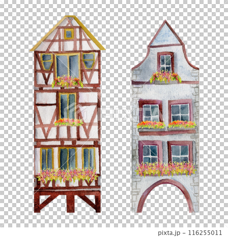 Old European city town street houses, timber fachwerk facades with floral balcony. Historical cityscape building. Watercolor hand drawn illustration. For tourist shops, souvenirs, travel brochures Old European city town street houses, timber fachwerk facades with floral balcony. Historical cityscape building. Watercolor hand drawn illustration. For tourist shops, souvenirs, travel brochures 116255011