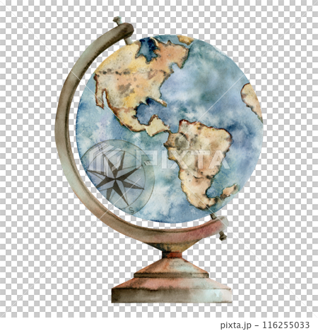 Old vintage globe with world map for navigation, orientation. Americas view. Watercolor hand drawn art of isolated object. Design for tourism, travel, brochure, wedding, guide, print, card, tattoo. Old vintage globe with world map for navigation, orientation. Americas view. Watercolor hand drawn art of isolated object. Design for tourism, travel, brochure, wedding, guide, print, card, tattoo. 116255033