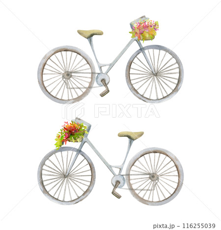 Old European city town street space, parked bicycle with flower basket, eco vehicle romantic floral. Watercolor hand drawn illustration. For tourist shops, souvenirs, travel brochures, wedding planner Old European city town street space, parked bicycle with flower basket, eco vehicle romantic floral. Watercolor hand drawn illustration. For tourist shops, souvenirs, travel brochures, wedding planner 116255039