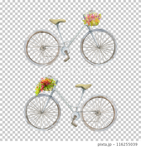 Old European city town street space, parked bicycle with flower basket, eco vehicle romantic floral. Watercolor hand drawn illustration. For tourist shops, souvenirs, travel brochures, wedding planner 116255039