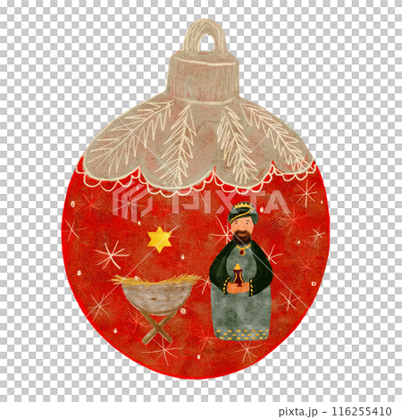 Christmas red tree ball with nativity scene, magi isolated on white in watercolor. Illustration for textile, wrapping paper, cards, Christmas, new year, invitations, stickers, posters, totes design Christmas red tree ball with nativity scene, magi isolated on white in watercolor. Illustration for textile, wrapping paper, cards, Christmas, new year, invitations, stickers, posters, totes design 116255410