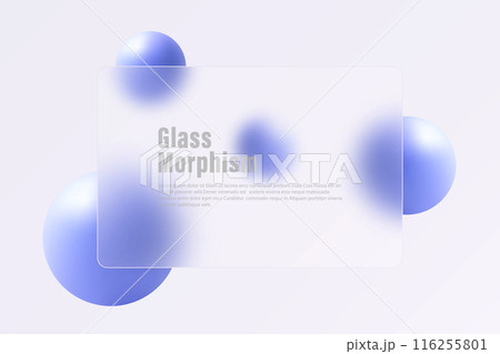 Glass morphism website landing page template. Frosted glass partition with floating blue spheres. 116255801