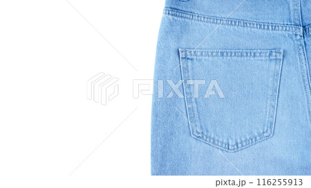 Back side pocket on blue jeans pants close up, isolated on white background 116255913