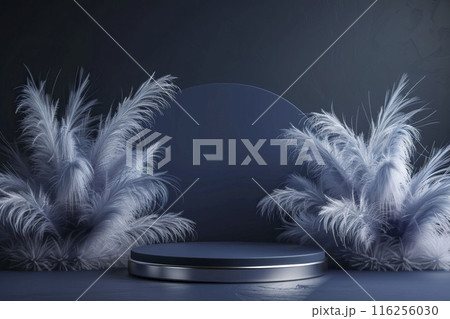 AI-generated item. 3d podium for product display with feathers on blue background. 116256030