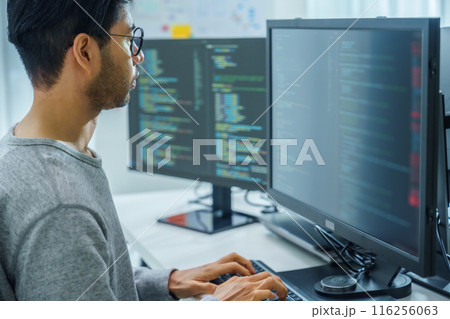 Asian man prompt engineer develop coding app with software data sitting in front of computer monitor at office Asian man prompt engineer develop coding app with software data sitting in front of computer monitor at office 116256063