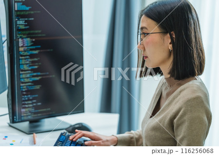 Asian prompt engineer develop coding app with software data sitting in front of computer monitor at office 116256068