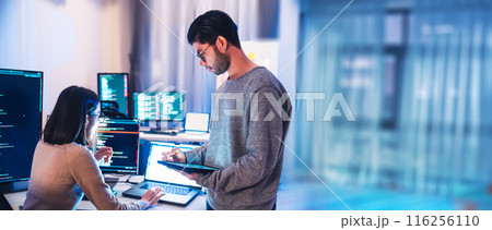 asian and Indian Developer team discussion feedback analysis coding data with software computer at office asian and Indian Developer team discussion feedback analysis coding data with software computer at office 116256110