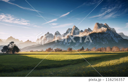 AI生成画像、連なる山々を背景に高原の風景 116256357